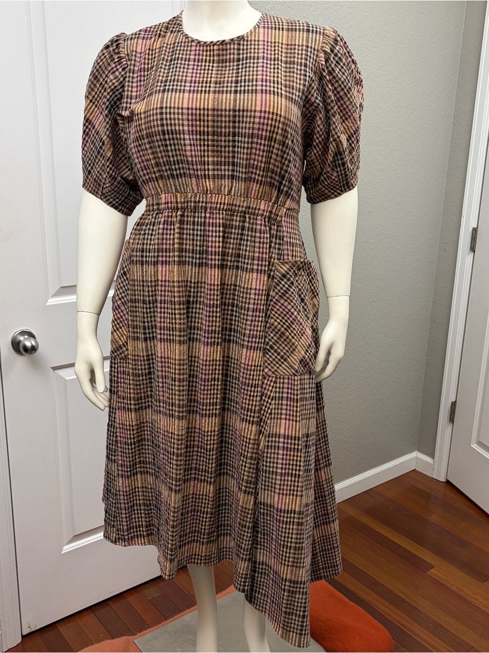 ALIGNE Harlin Plaid Midi Dress Puff Sleeves Pockets Asymmetrical Hem UK 18 US 14